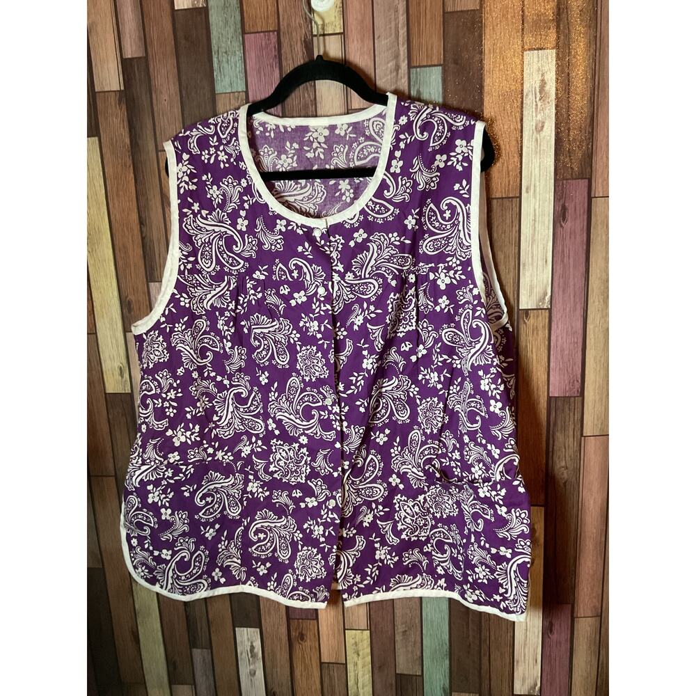 Purple Paisley Pattern Snap Cobbler Apron Smock White Floral Accents And Trim